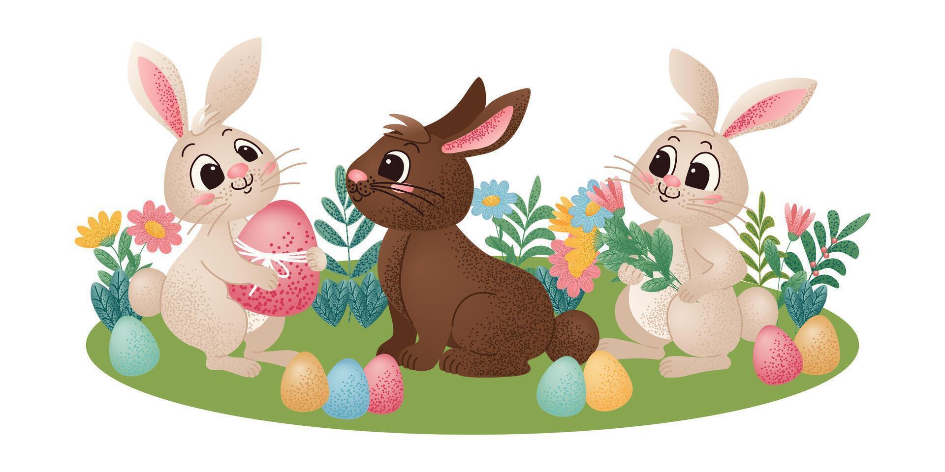 Two white rabbits and a brown rabbit sitting on green grass surrounded by colorful Easter eggs and flowers. Cute cartoon holiday illustration. Easter celebration design for greeting card. vector