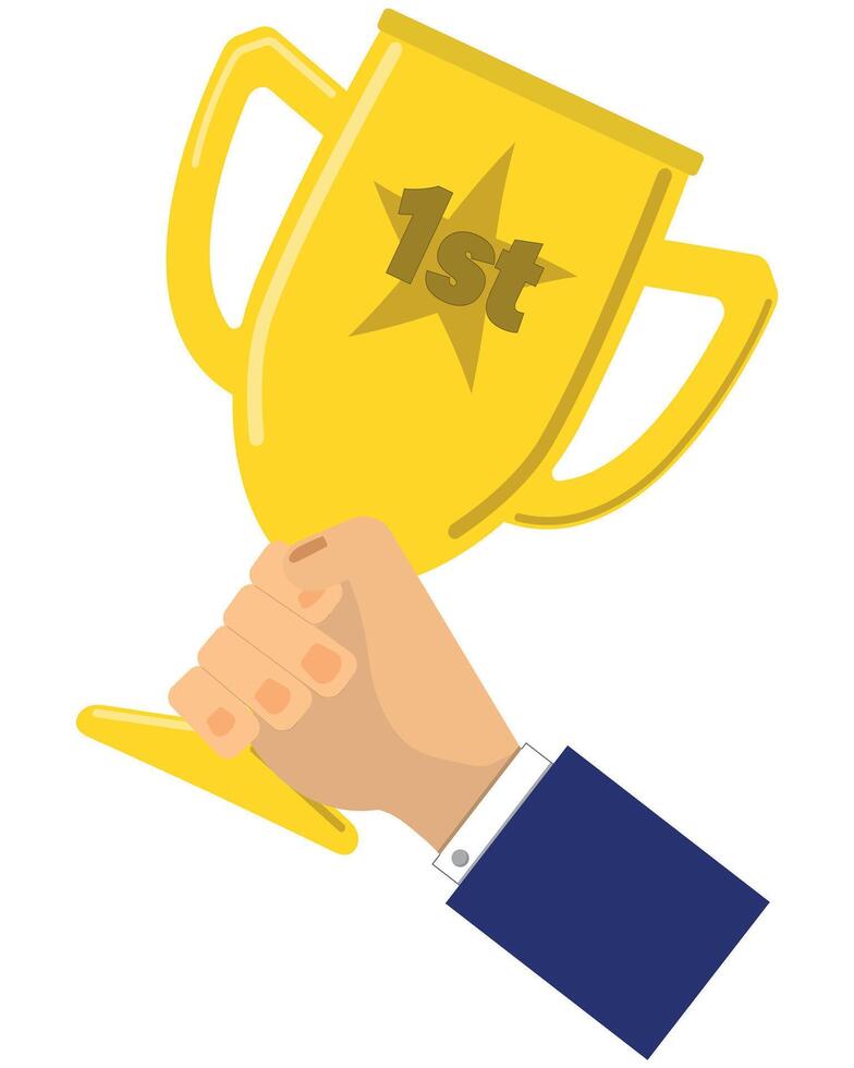 Hand holding a 1st place trophy, person in suit holding winners award, reward or success concept in the workplace vector
