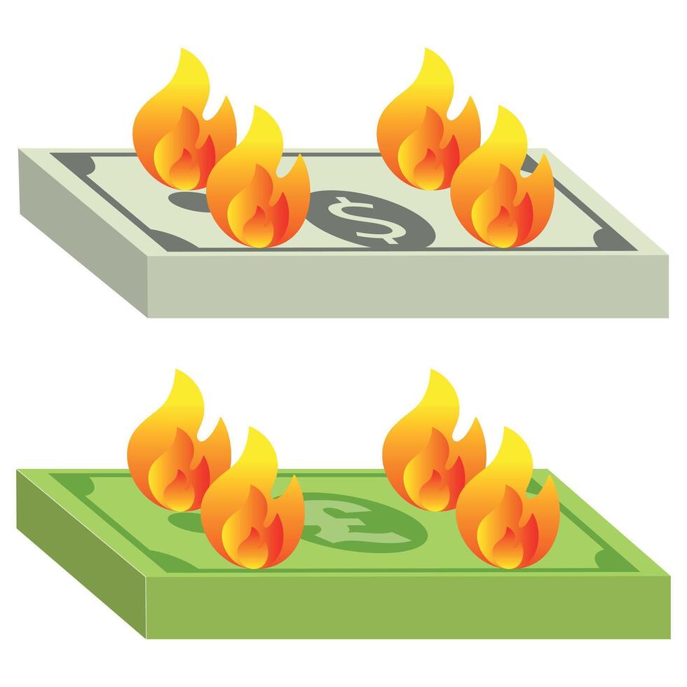 Burning money, representation of spending too much on things that are not necessary, dollars and pounds versions vector