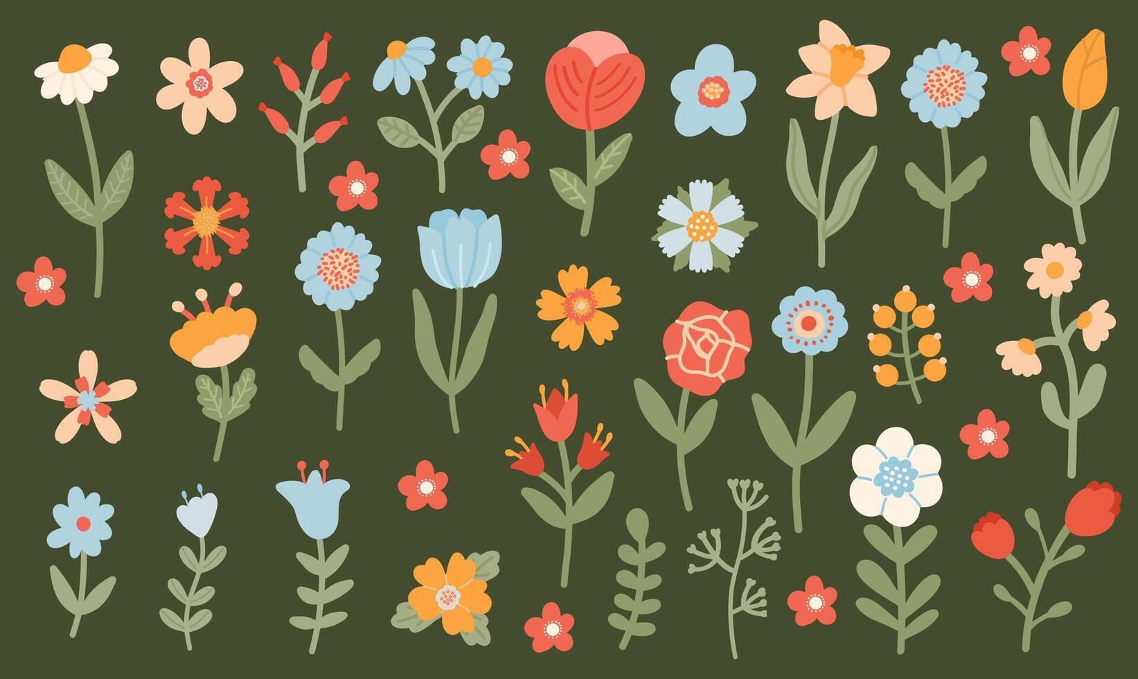 Set of wild stylized different doodle flowers on bright green background. Spring illustration vector