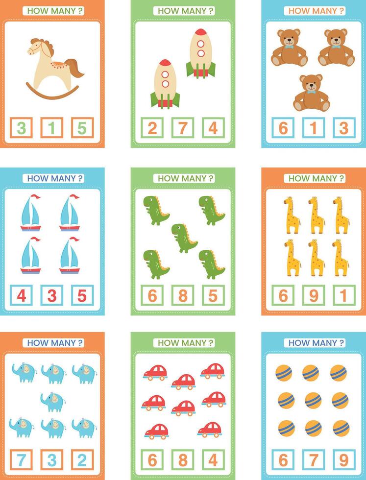 Cards with how many objects task. Counting educational children game. Math activity sheet for kids. Count toys and choose the correct answer. vector