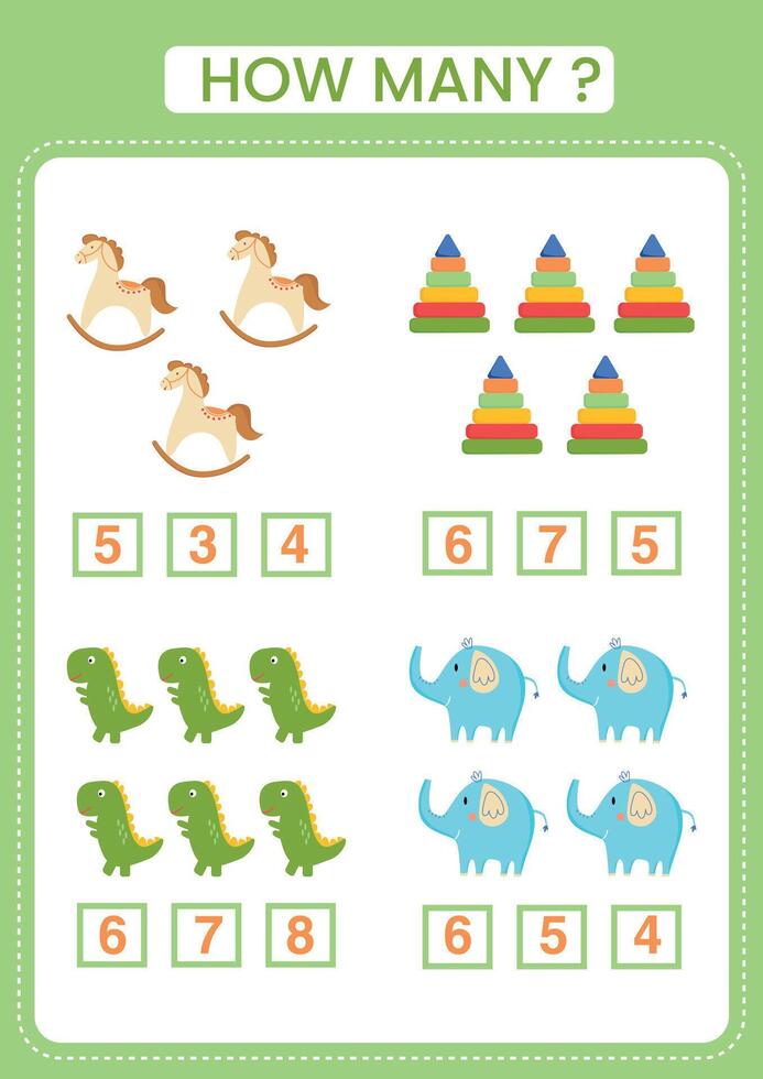 How many counting game with toys. Count toys and find the correct answer in the box. Taskt for preschool kids. Printable worksheet. vector