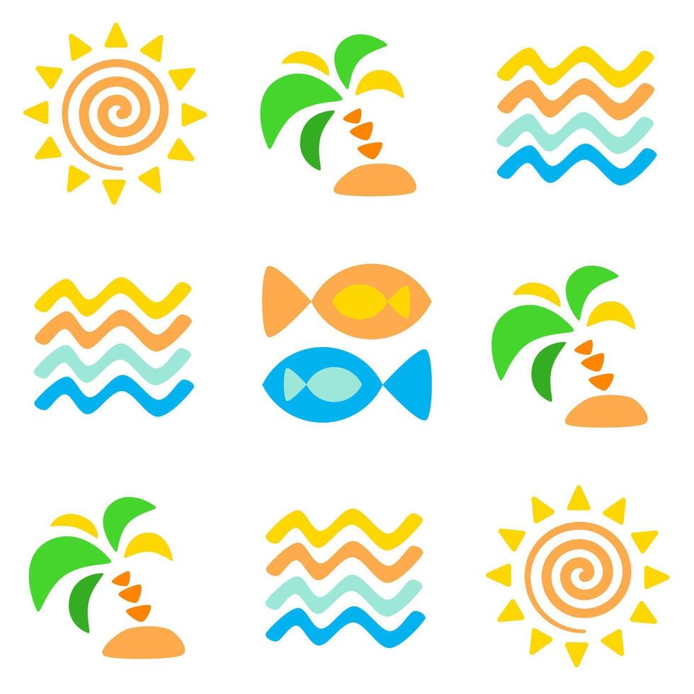 Seamless pattern with waves, fish, palm tree and sun vector