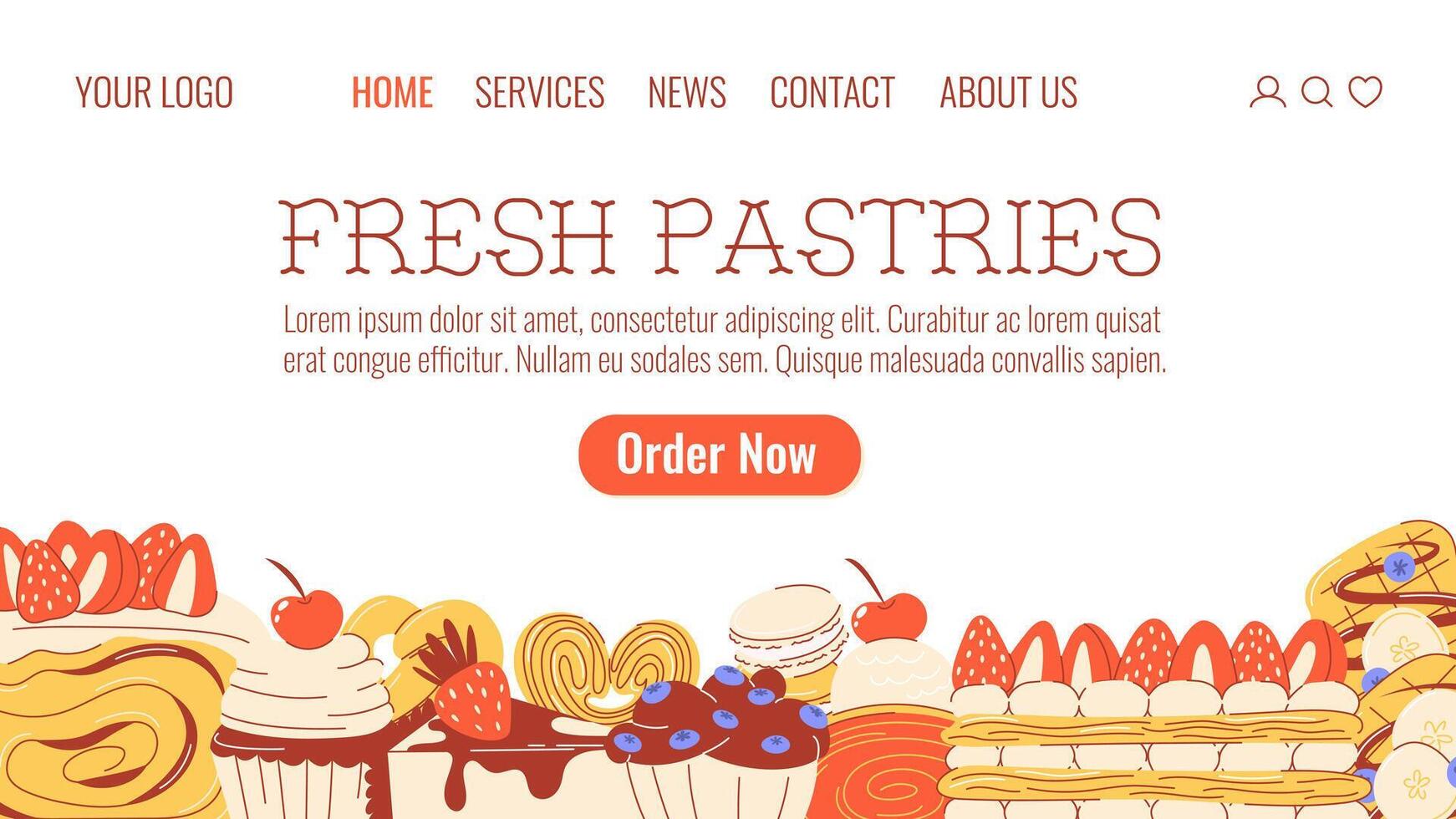 Pastry and sweet desserts. Bread, cupcake, muffin, cheesecake, macaron, cherry strudel, mille feuille, viennese waffle. Flat illustration for poster, banner, website, advertising, landing page vector