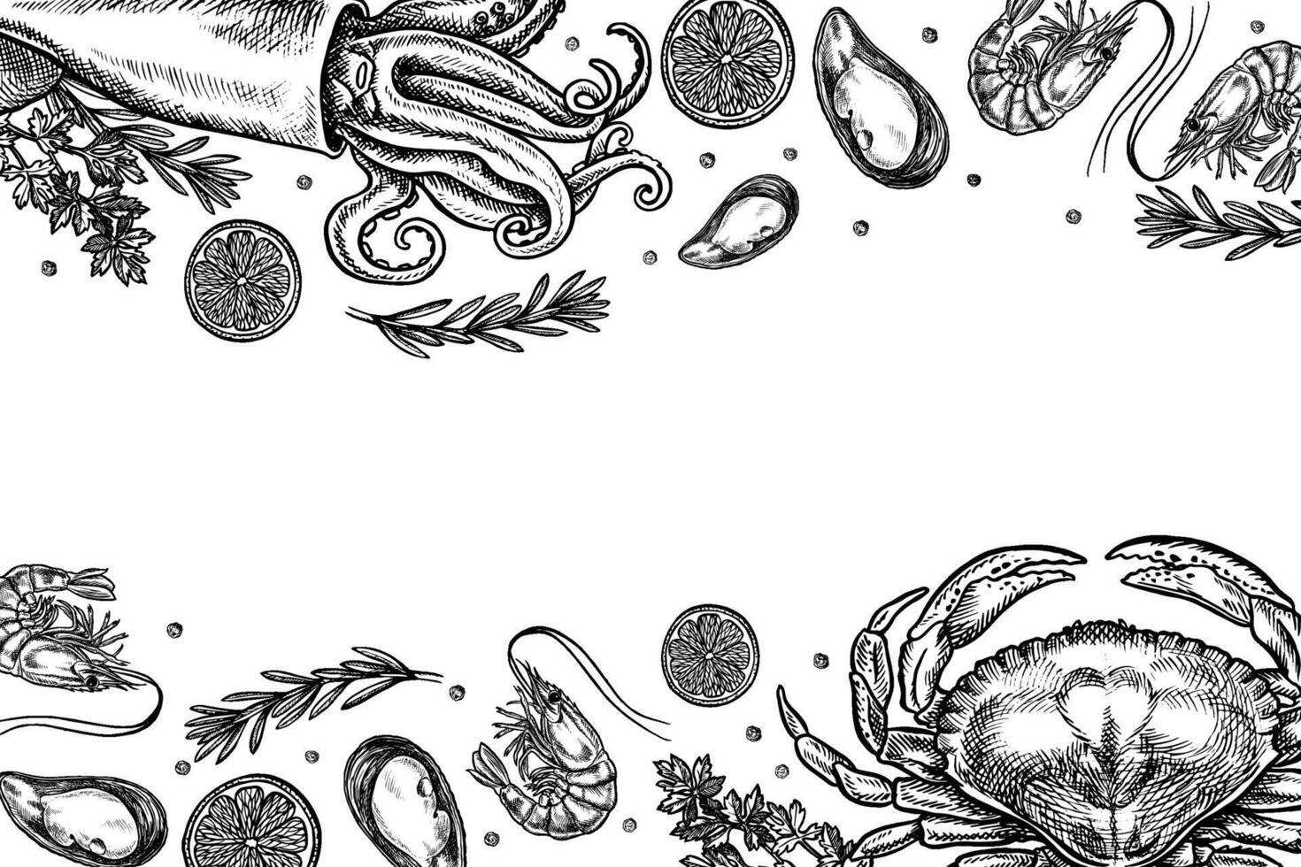 Seafood frame, squid, mussels and shrimps with lemon and herbs, crab. Handmade illustration. Black and white image of delicacies. Perfect for menus, recipe books, packages, labels, invitations. vector