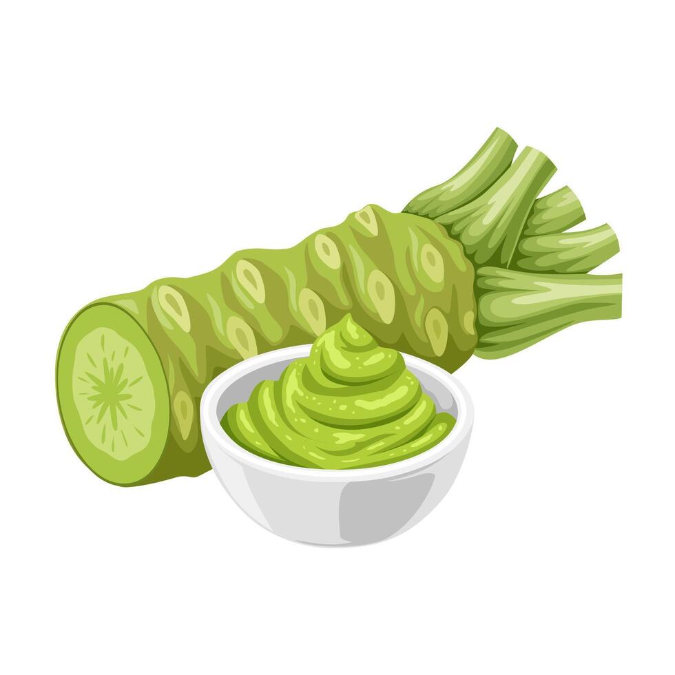 Illustration of wasabi root and wasabi paste in a small bowl, scientific name Eutrema japonicum, isolated on white background. vector