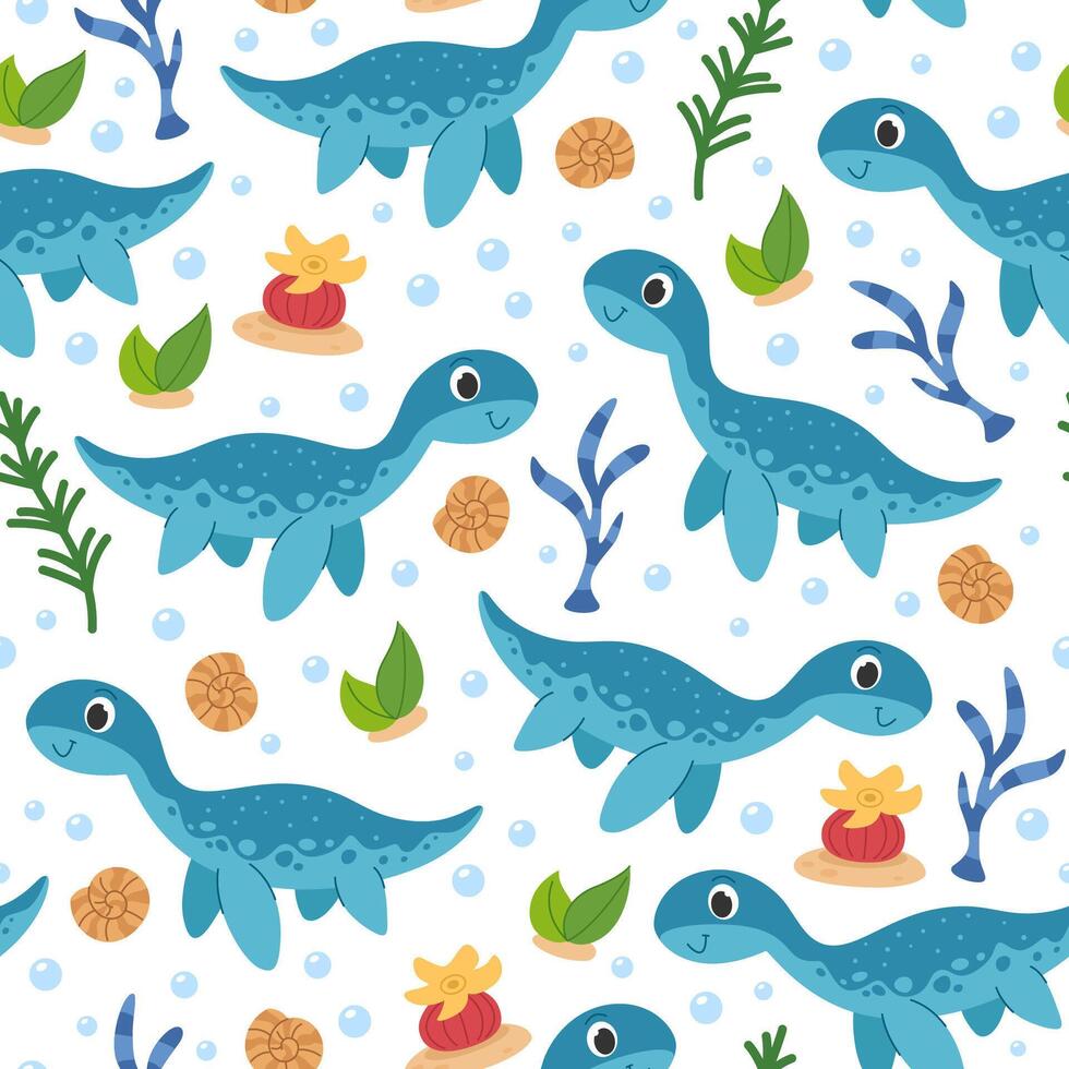 Children's seamless pattern cartoon dinosaurs, seaweed and shells. Prehistoric underwater world background. vector