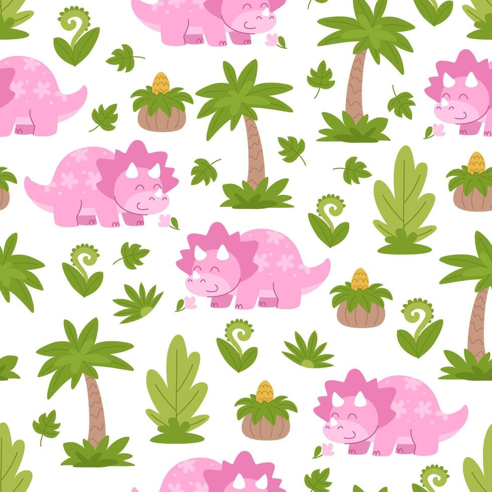 Cute dinosaur triceratops kids cartoon pattern. Dinosaurs and plants prehistoric world pattern. vector