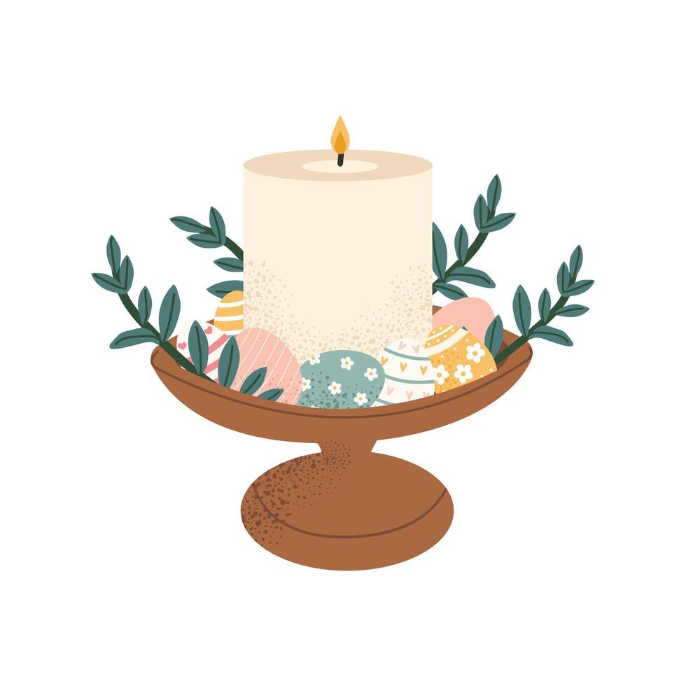 Easter candle with decorated eggs and green leaves in bowl. Happy Easter holiday card design. Flat illustration isolated on white background. vector