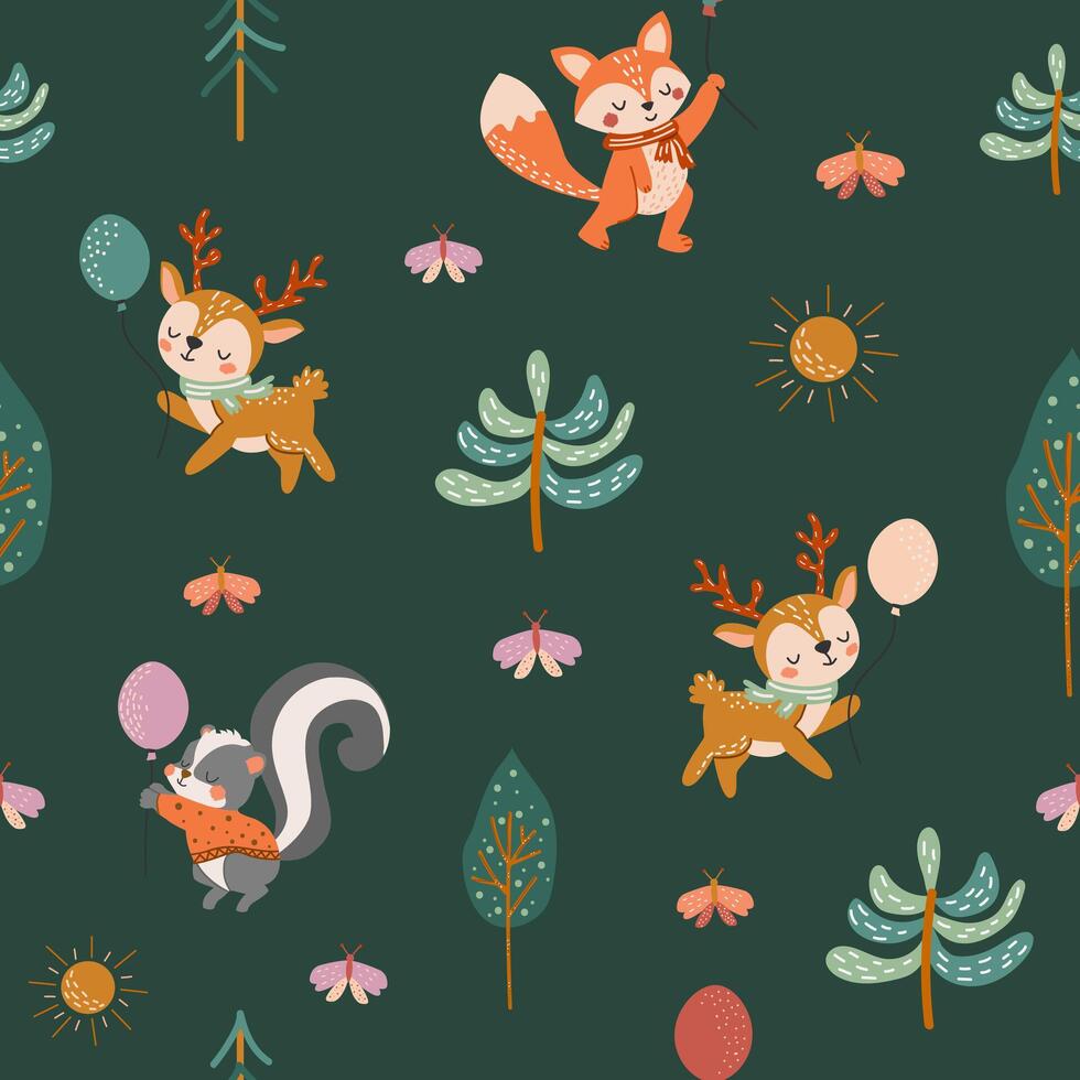 Cute woodland animals seamless pattern. Baby pattern for fabric. Deer, squirrel, fox, skunk, trees. Interesting print for fabric, children's room. Nursery pattern in flat cartoon style. vector