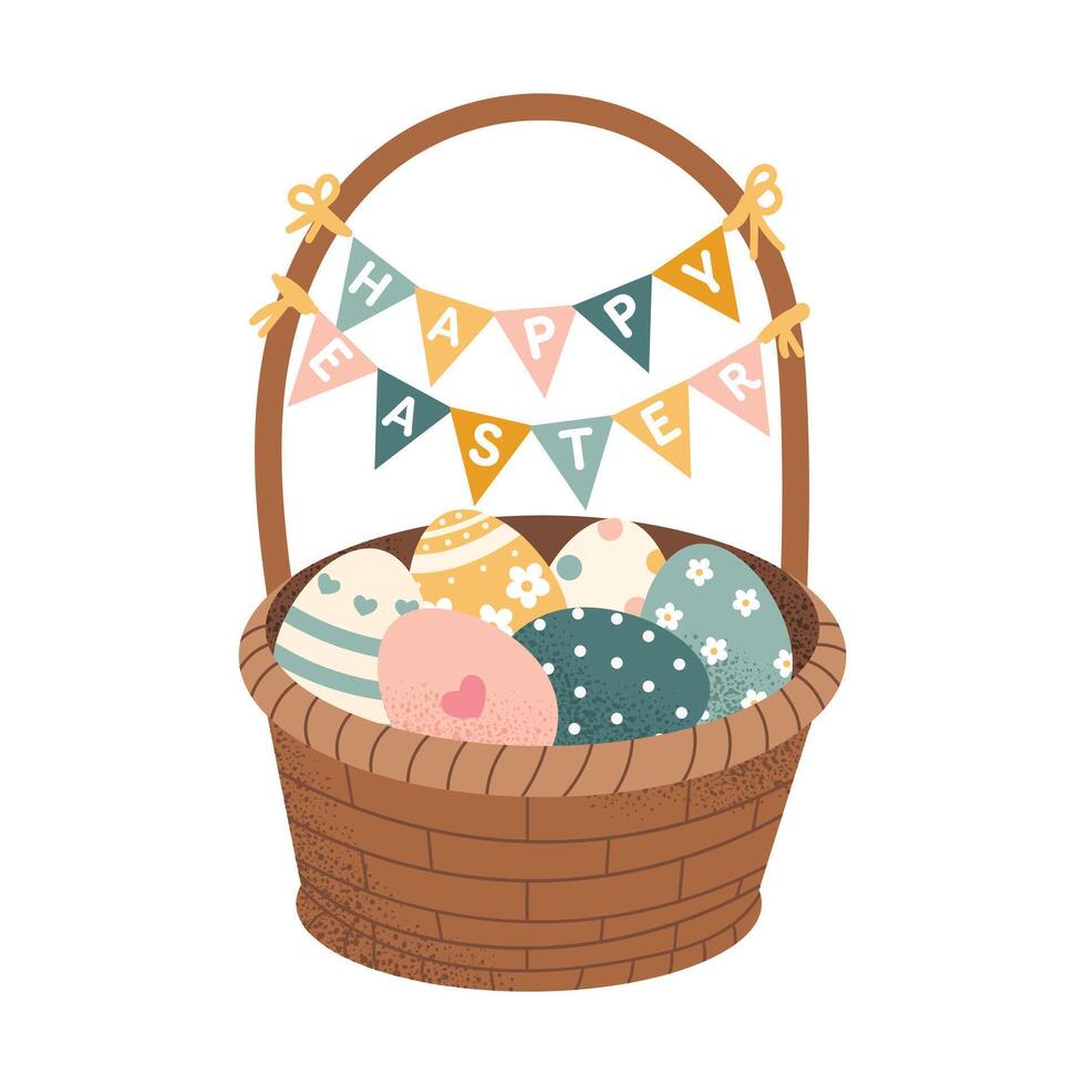 Happy Easter basket with colorful decorated eggs and festive bunting. Spring holiday card design. Flat illustration isolated on white background. vector