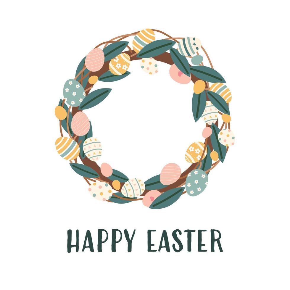 Easter wreath with colorful decorated eggs and green leaves. Spring holiday postcard design. Flat illustration isolated on white background. vector