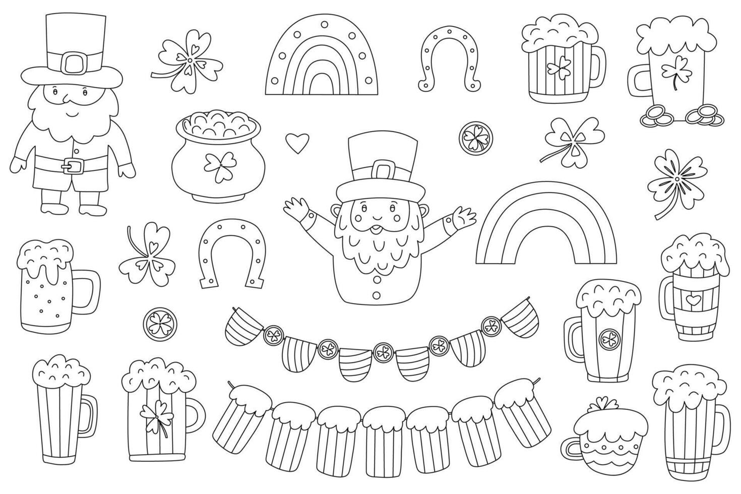 Hand drawn doodle set of St. Patricks Day elements with black outline. Includes leprechauns, beer mugs, rainbows, shamrocks, gold coins, and garlands. Perfect for coloring pages. vector