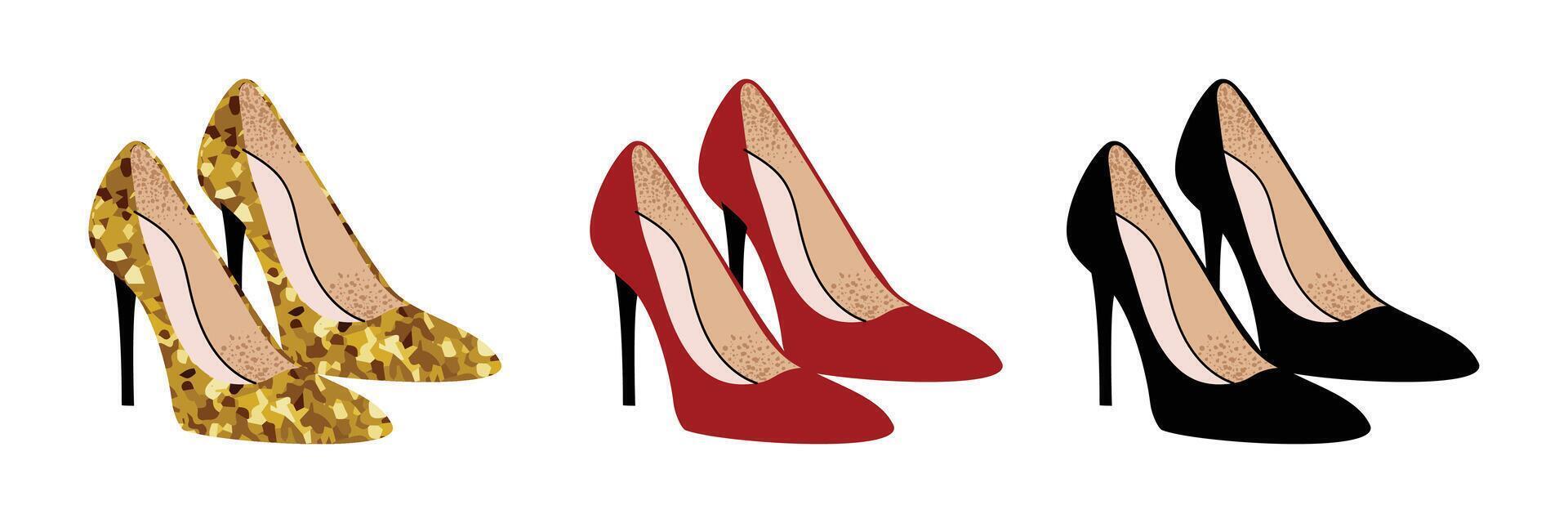 Set of stylish high-heeled shoes in gold, red, and black. Elegant footwear design for women and fashion themes. Flat illustration isolated on white background. vector