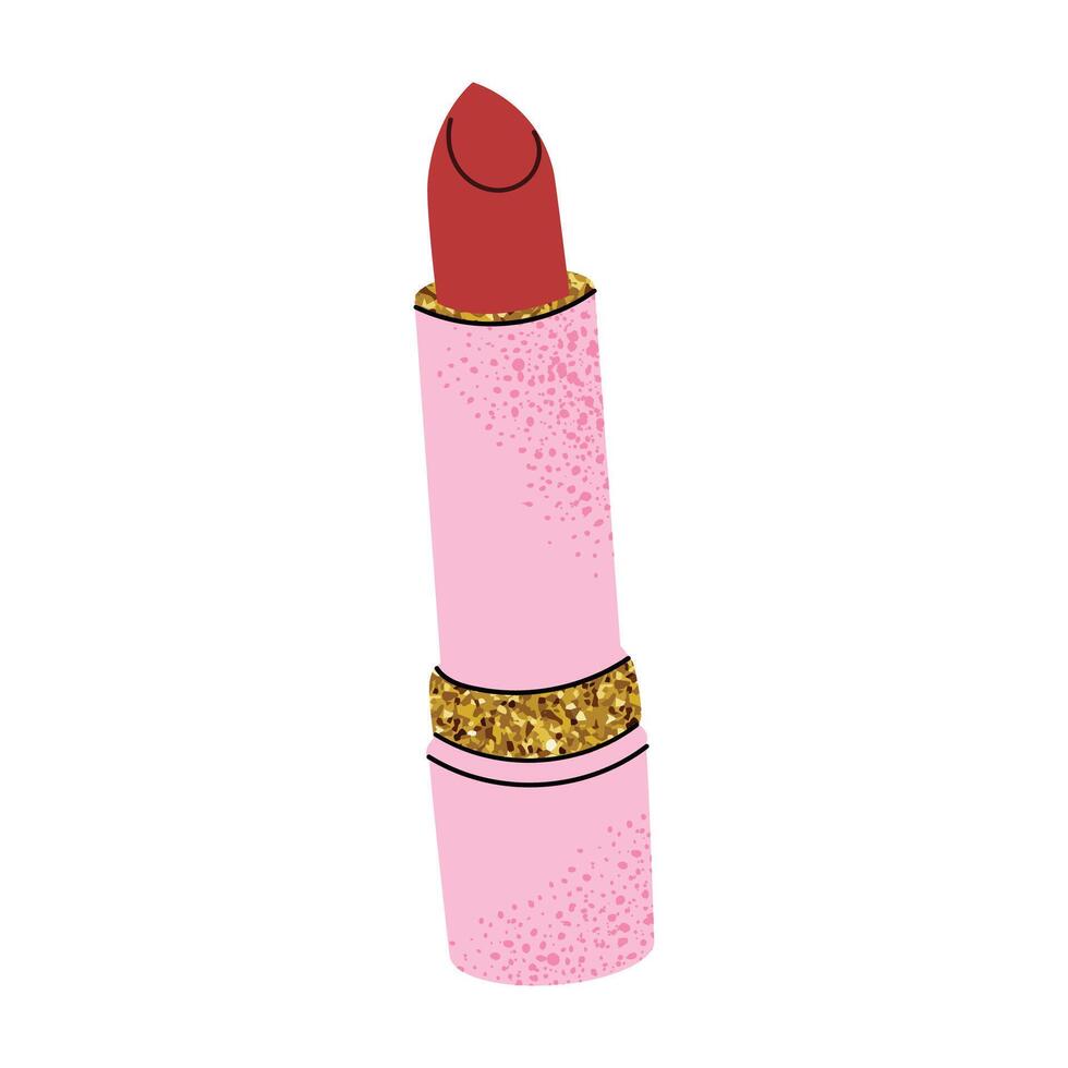 Stylish pink lipstick with golden details. Elegant cosmetic design for beauty and fashion themes. Flat illustration isolated on white background. vector