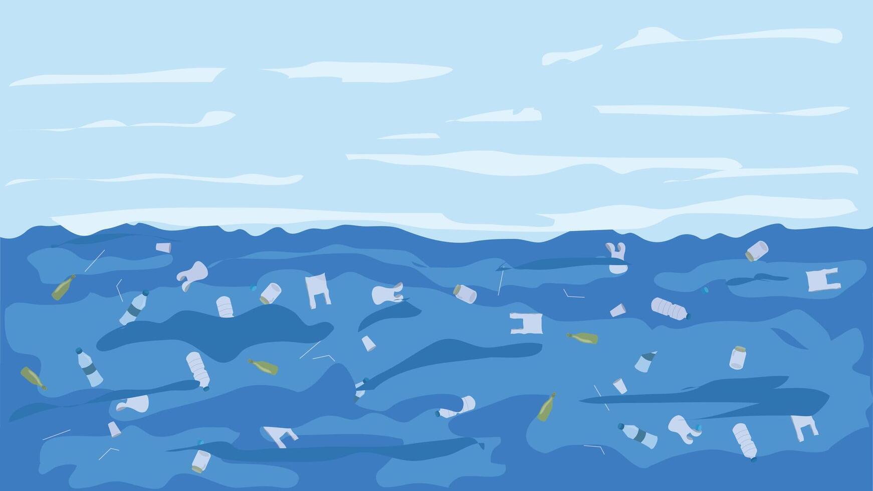Ocean Pollution Illustration with Floating Plastic Waste Bottles and Bags in the Sea Environmental Awareness Concept vector