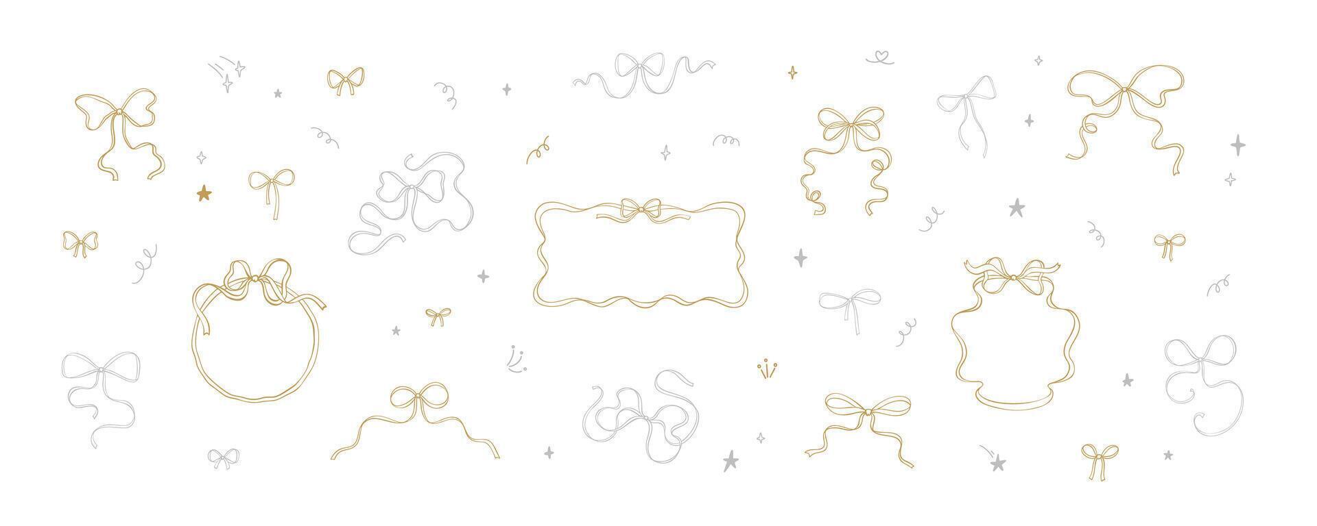 Set of golden and silver whimsical bows. Coquettish ribbon wavy frames and borders. Happy New Year and Merry Christmas background with glitter, confetti, stars, firework, bling, firecracker vector