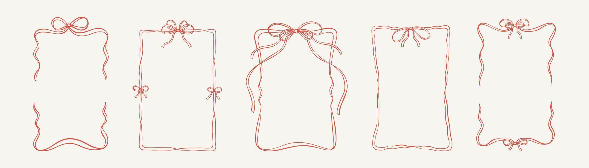 Set of rectangle vertical bow ribbon frames. Cute line doodle coquette pink design elements. Hand drawn girly border for Christmas cards, birthday party and wedding invitations vector