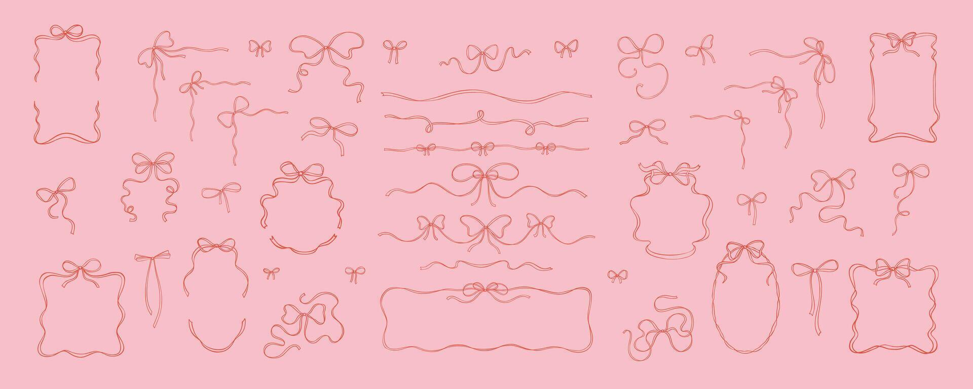 Set of coquette girly bow ribbon frames, dividers, separators, corner borders, tied bows. Cute line doodle sketch illustration. Aesthetic trendy minimalist design elements. Filigree drawing vector