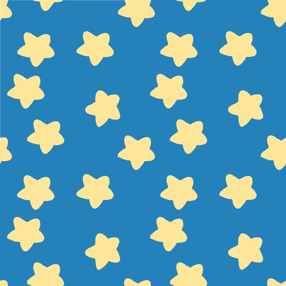 seamless pattern cute yellow stars on blue background with hand drawn pencil chalk style. Design for baby and kid decoration, wallpaper, wrapping paper, textile, card, and print vector