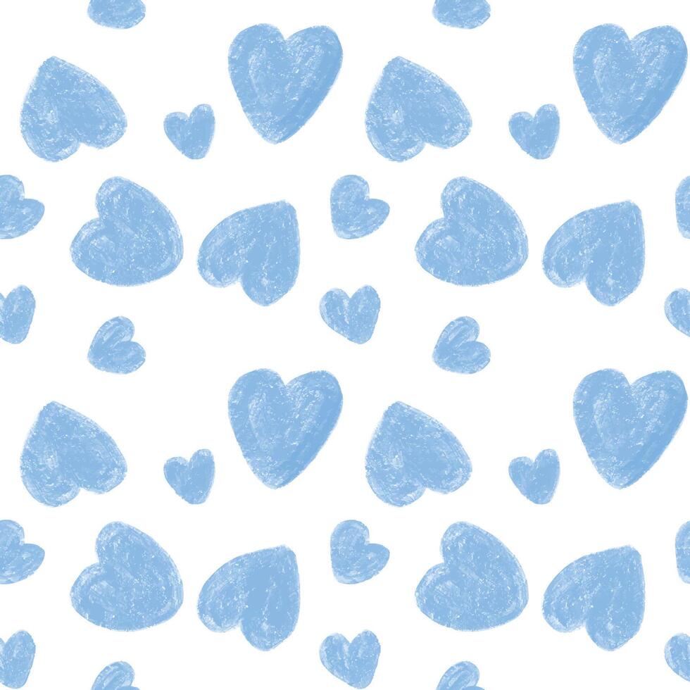 seamless pattern blue heart shapes on white background with hand drawn pencil chalk crayon style. Design for baby and kid decoration, wallpaper, card, wrapping paper, fabric, and print vector