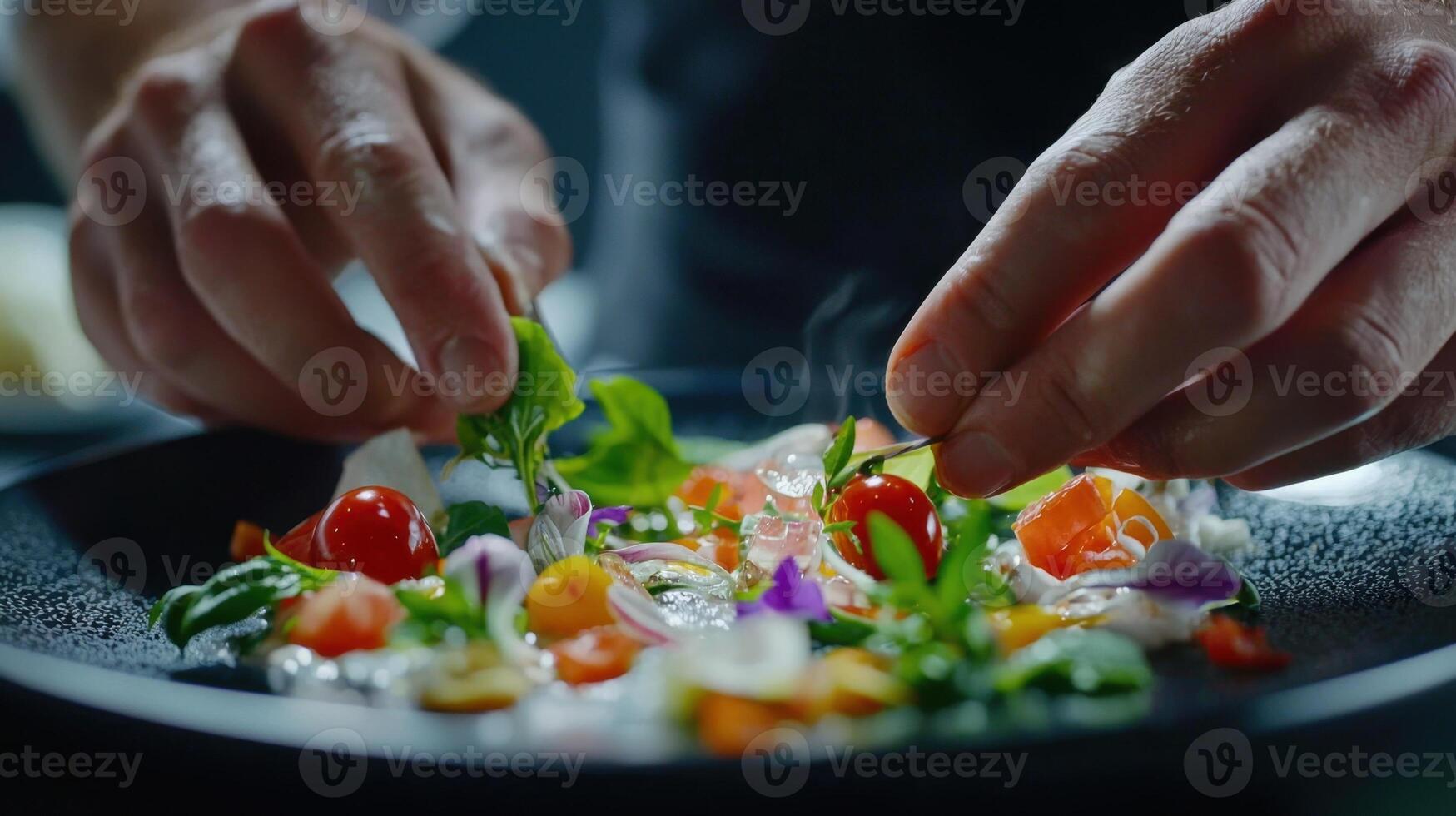 A chef is preparing a salad on a plate photo