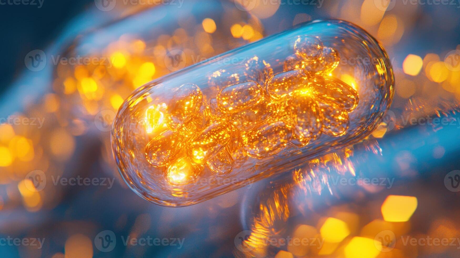 Glowing capsules are displayed prominently against a softly blurred background, showcasing vibrant golden lights and intricate internal structures photo