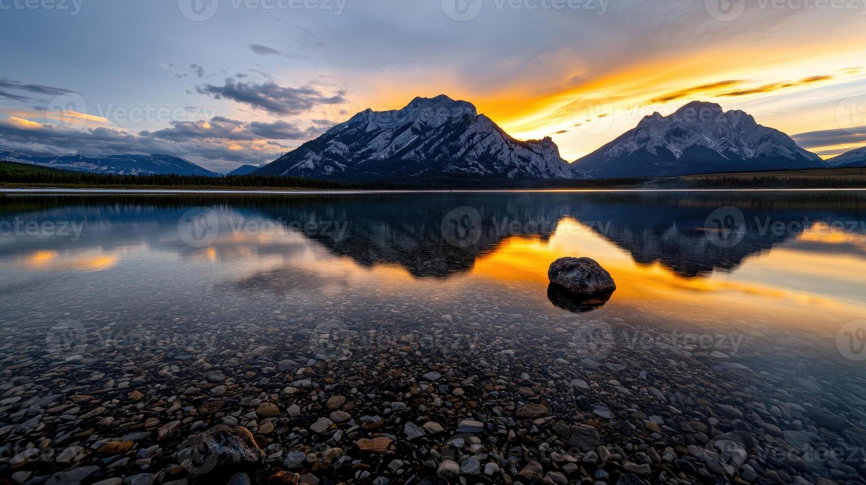 A serene lake with mountains in the background photo