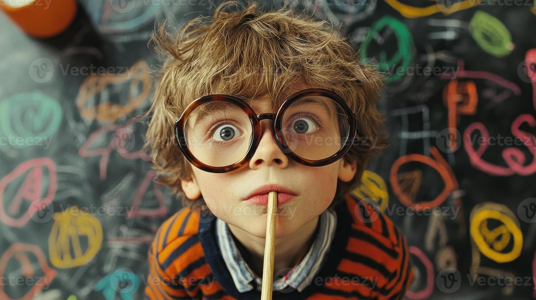 A young boy wearing glasses and holding a stick photo