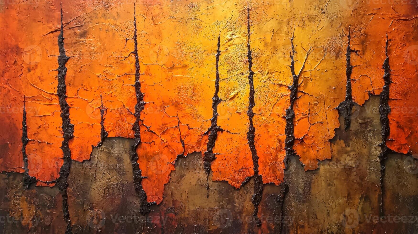 Vivid abstract artwork showcases a textured landscape dominated by bright orange and yellow tones. Cracked earth patterns and tree-like forms create a striking visual contrast photo