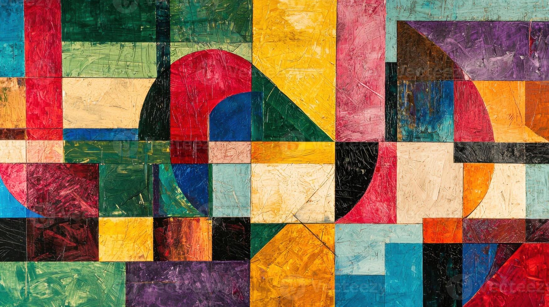 Brightly colored geometric shapes arranged in a bold abstract composition. The varied textures and colors create a lively and dynamic visual experience, perfect for modern spaces photo