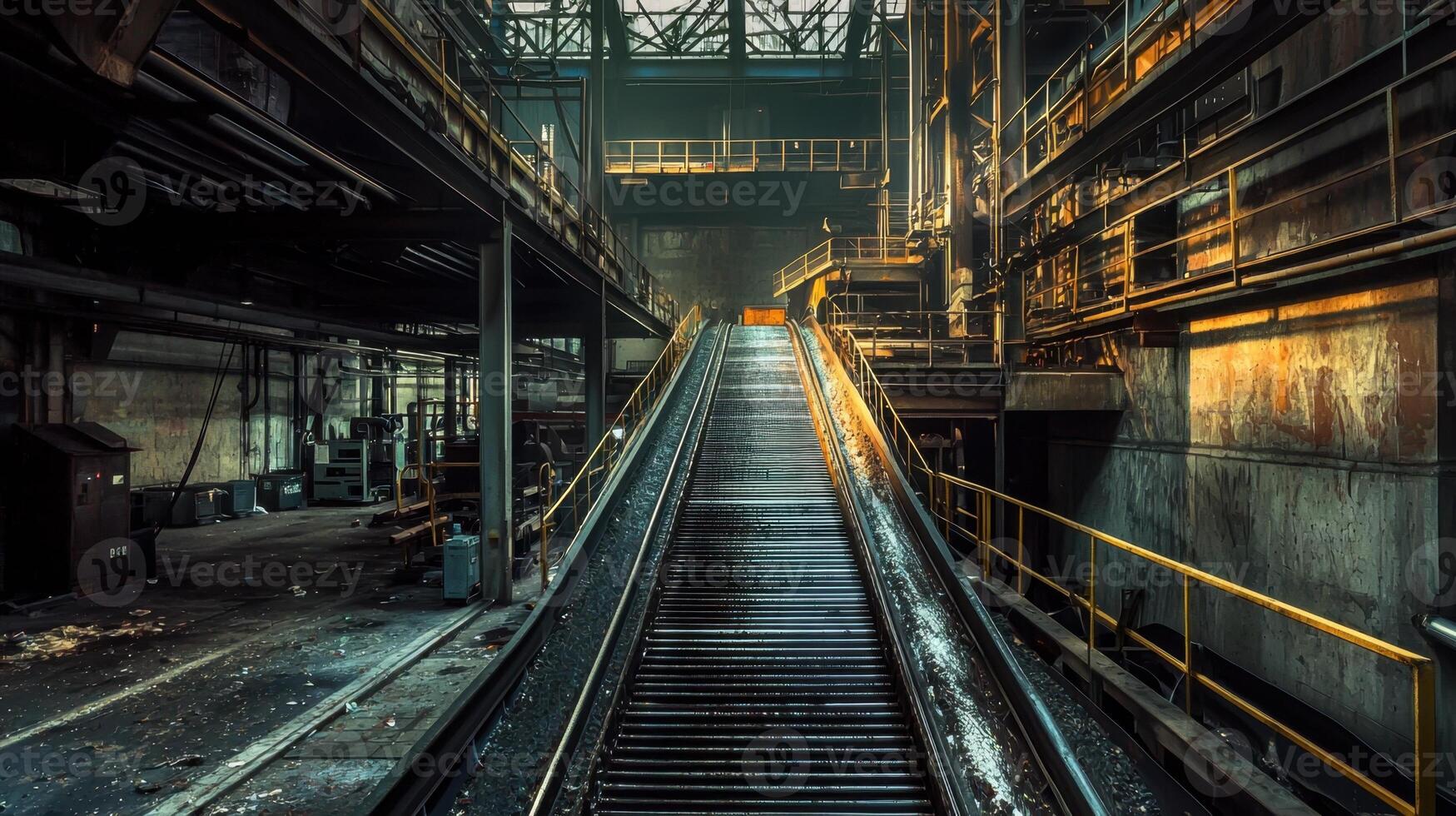 An empty industrial building with a long escalator photo