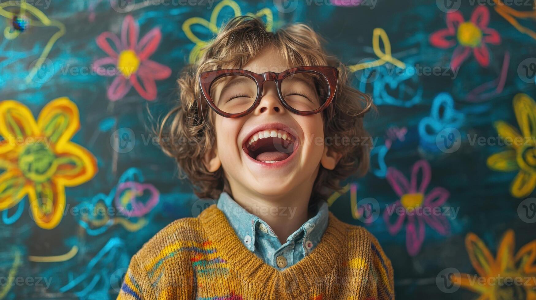 A young boy wearing glasses and smiling in front of a chalkboard photo