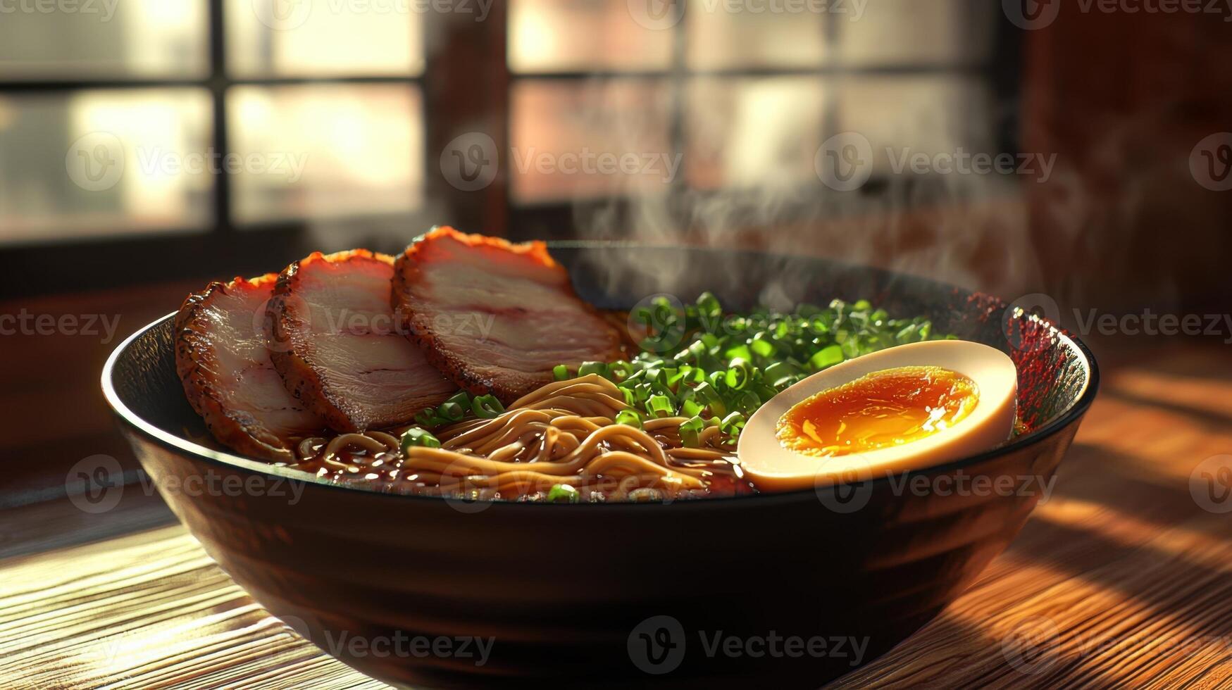 A bowl of ramen with meat and an egg photo