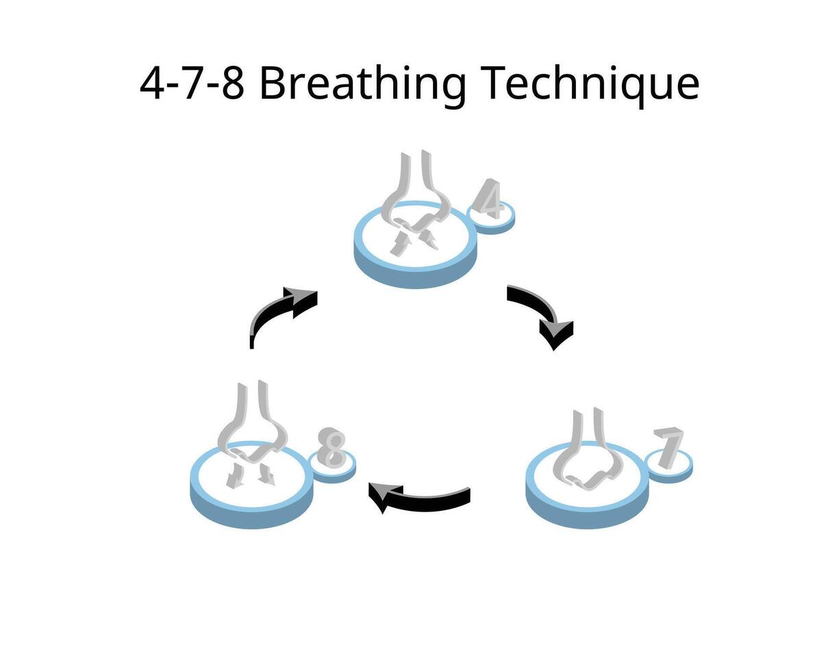 4-7-8 Breathing Technique from inhale, hold and out hale to reduce anxiety in isometric vector