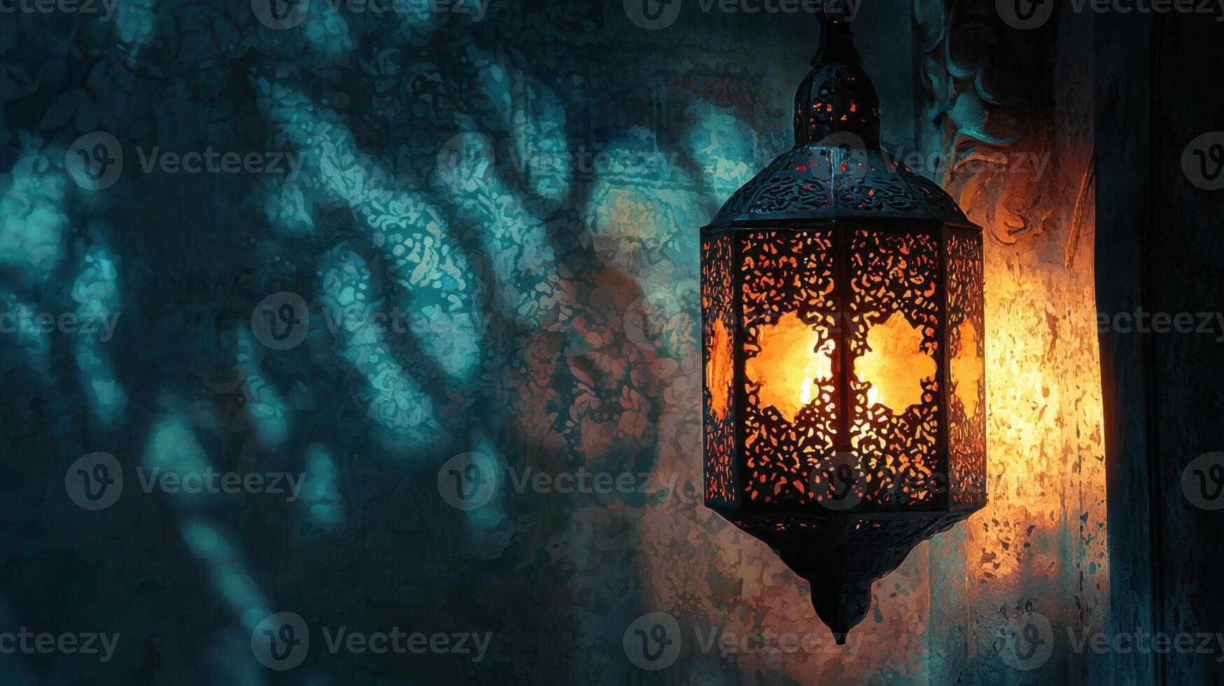 A decorative lantern hangs from the wall, emanating warm light that creates enchanting patterns. The cozy ambiance suggests a tranquil evening atmosphere photo