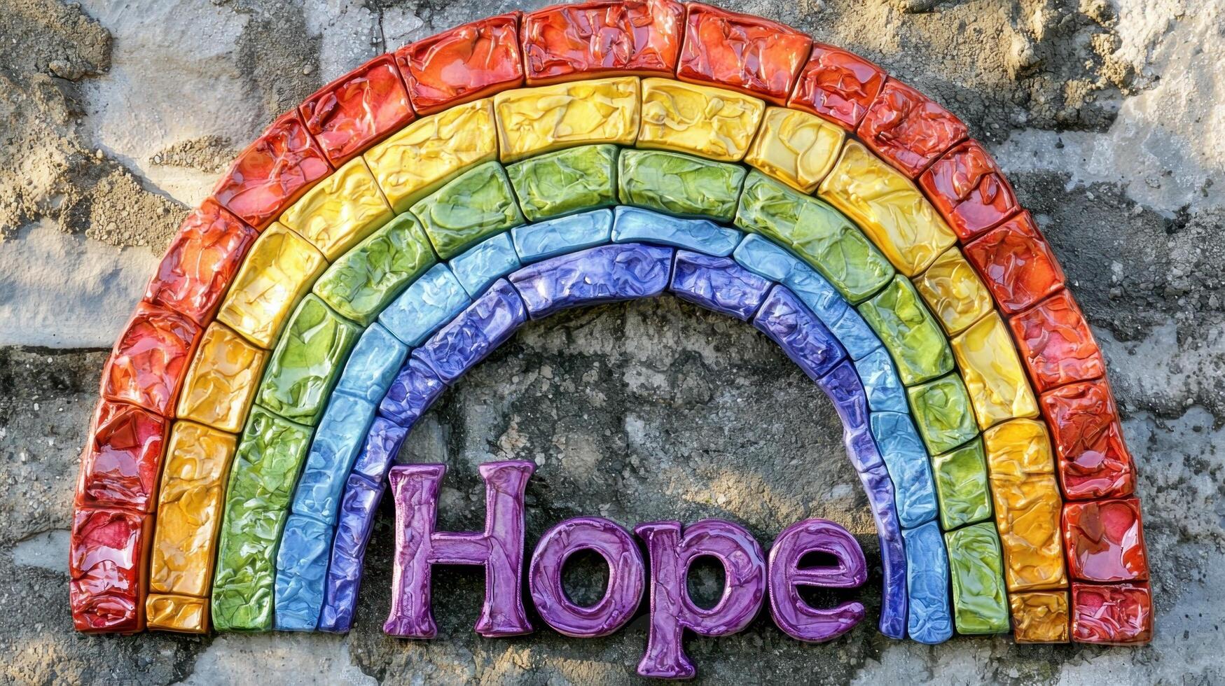 A colorful rainbow and the word hope on a stone wall photo