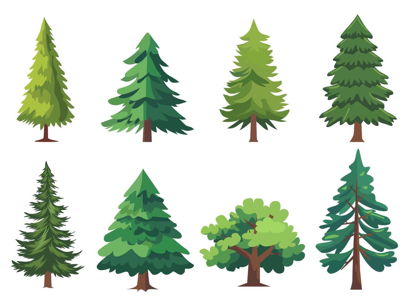 Collection of flat cartoon green trees Icon simple style. vector