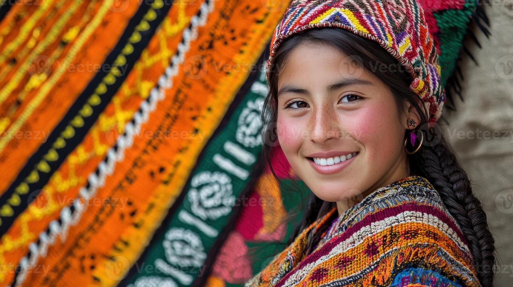 A young girl in a colorful dress smiling photo