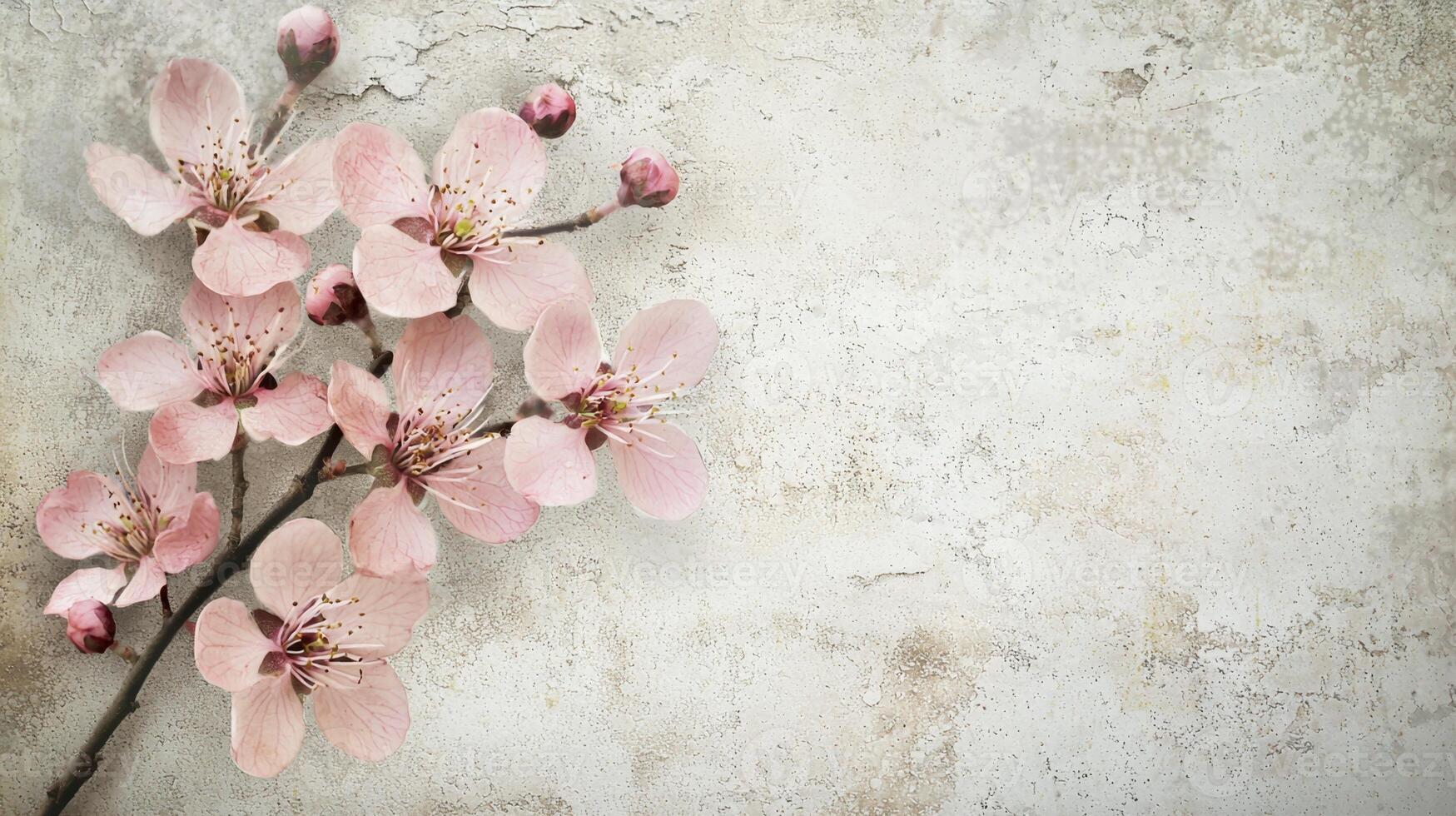 A branch of pink flowers on a wall photo