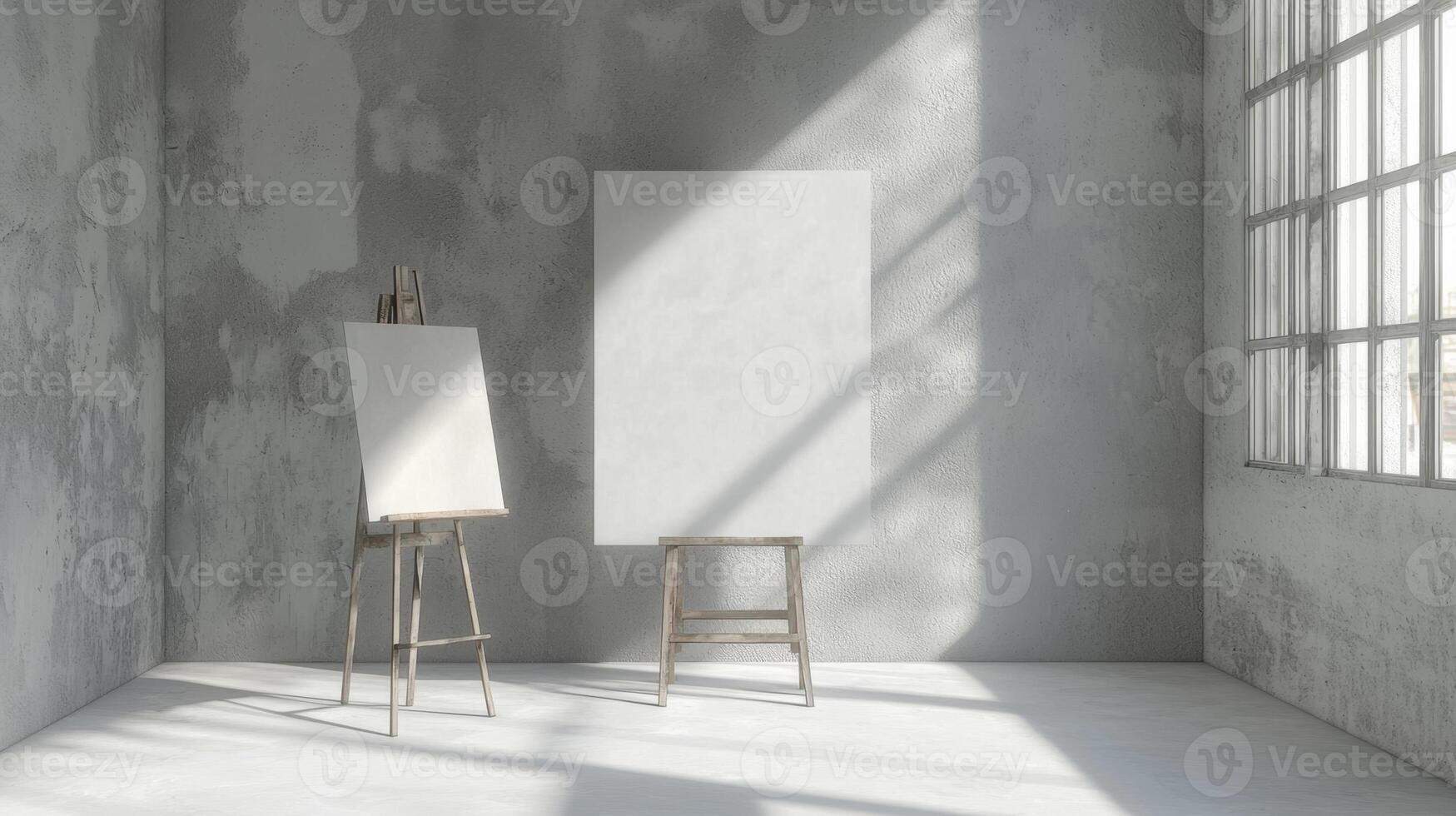Two easels and a blank canvas in an empty room photo