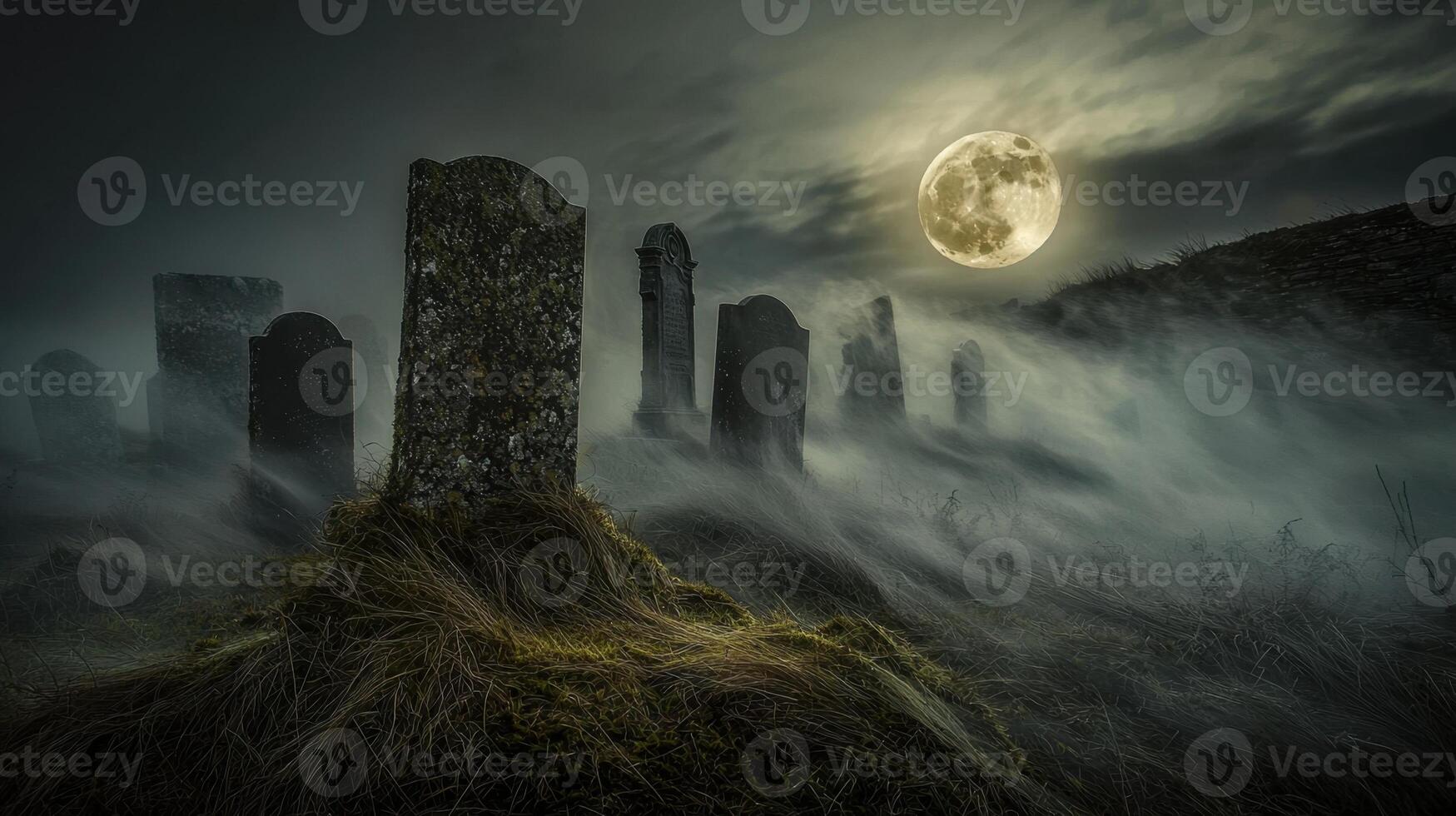 A graveyard with tombstones and a full moon photo
