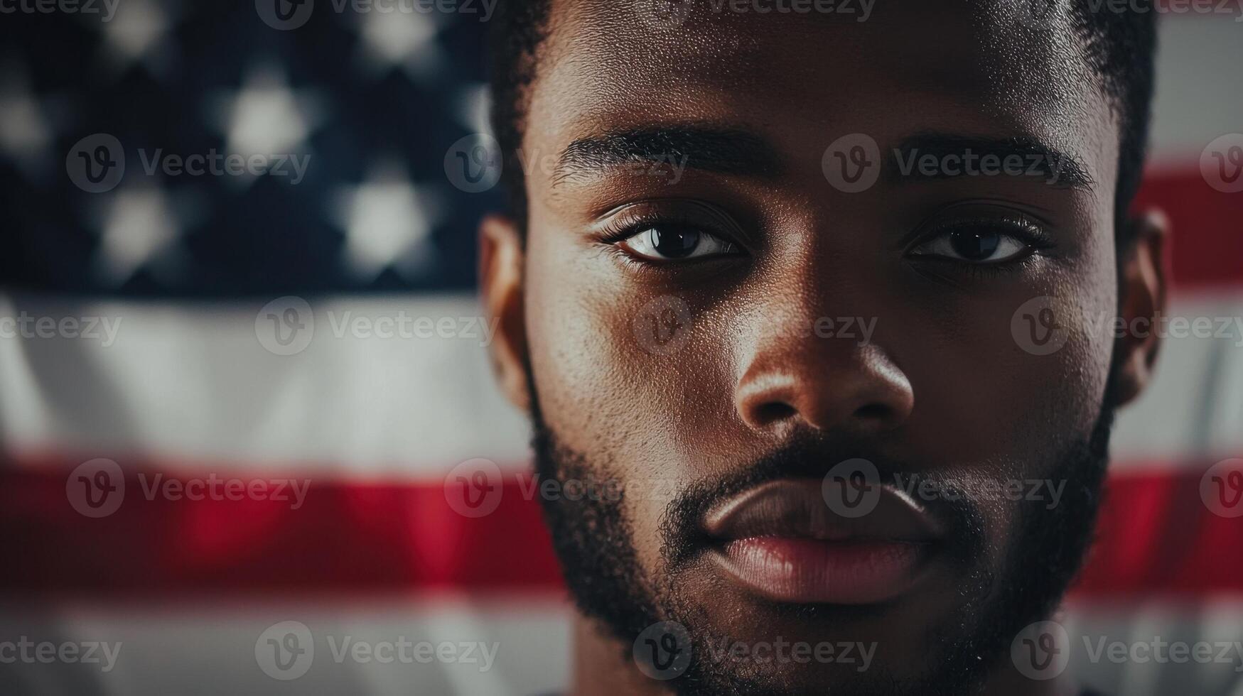 A man with a beard and an american flag in the background photo