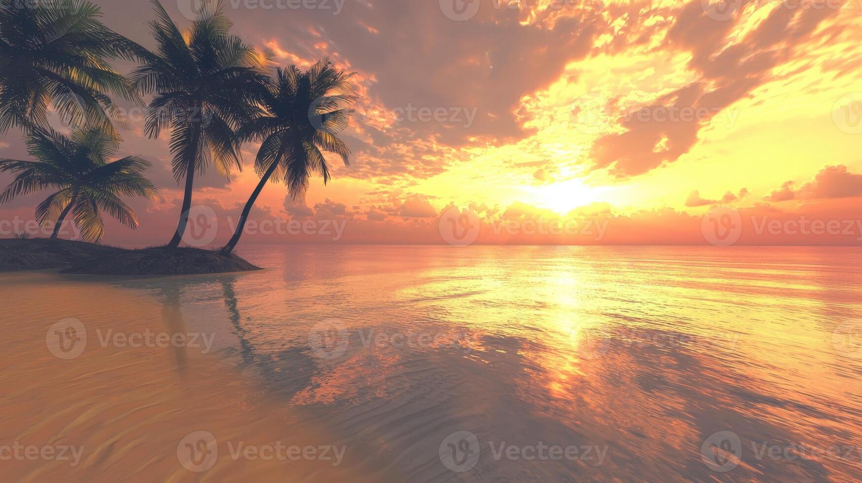 A tropical beach scene with palm trees and the sun setting photo
