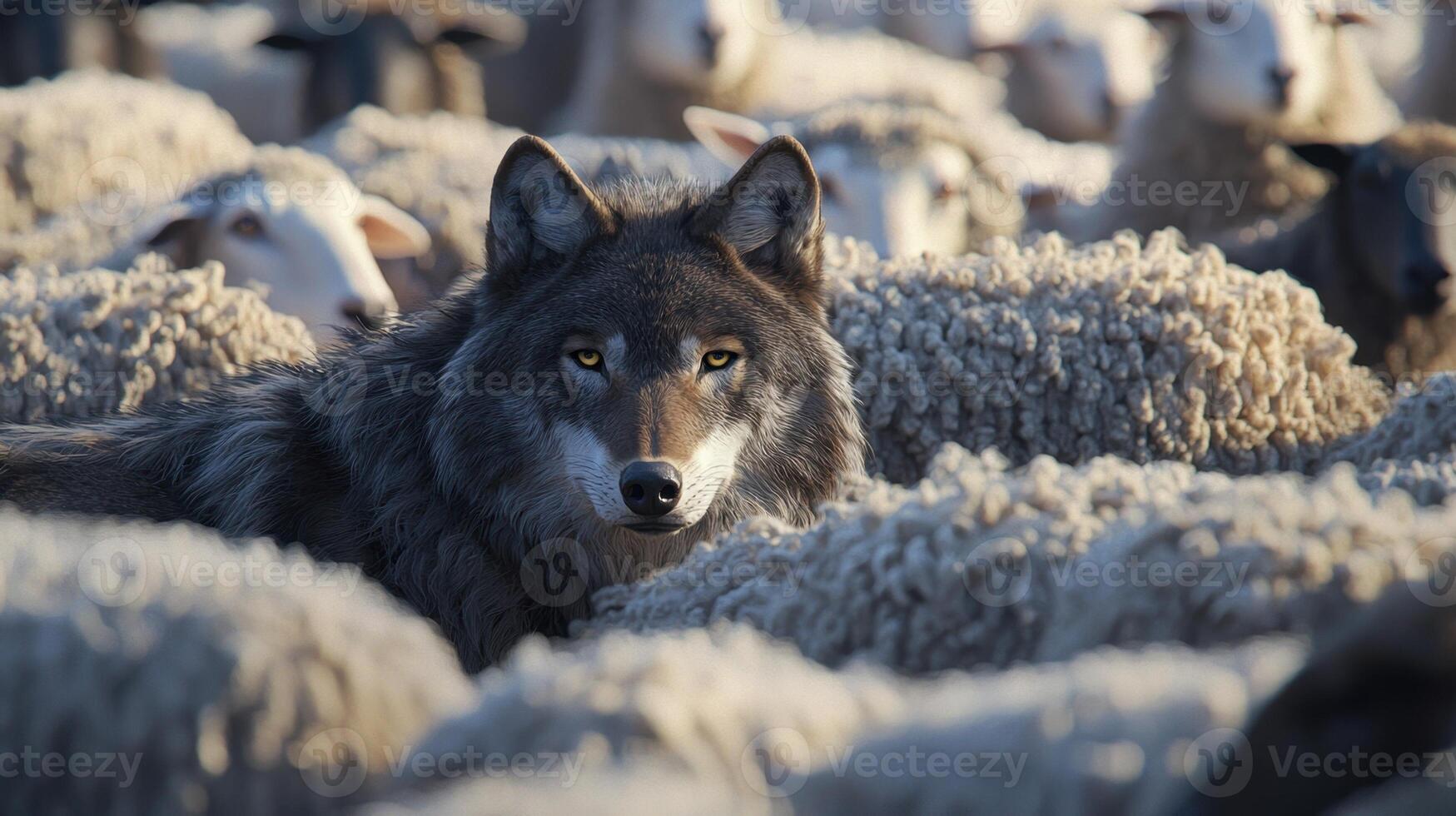 A wolf is surrounded by a flock of sheep photo