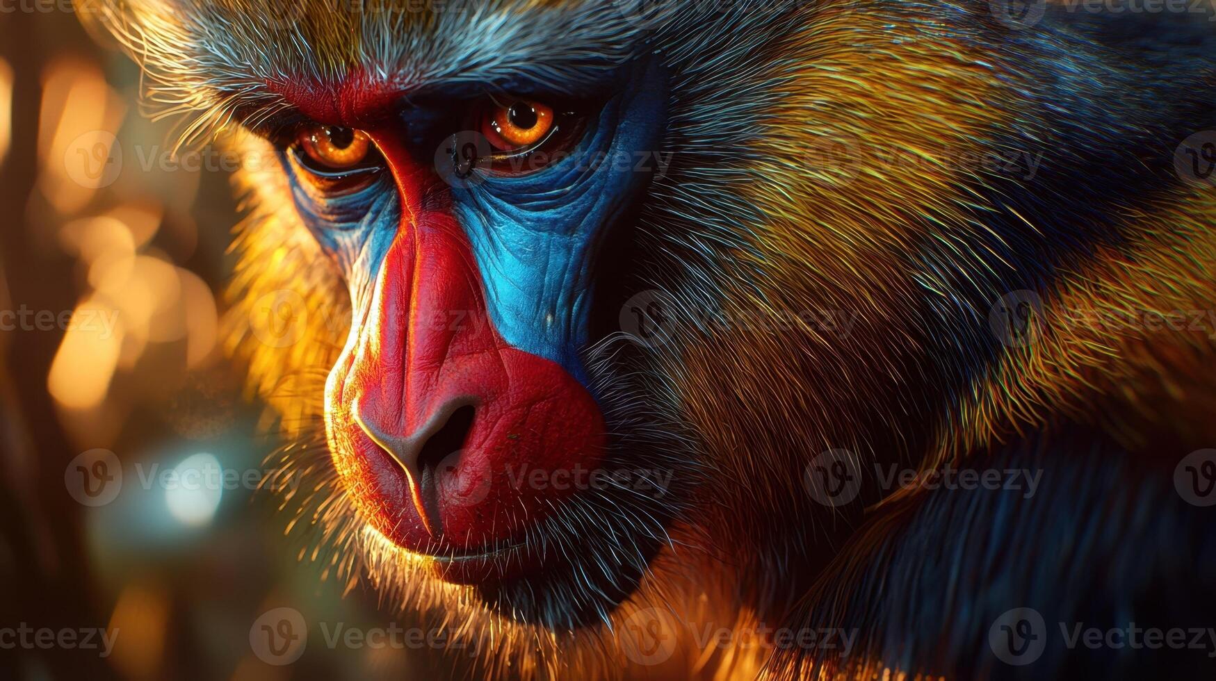 A close up of a colorful monkey with blue eyes photo