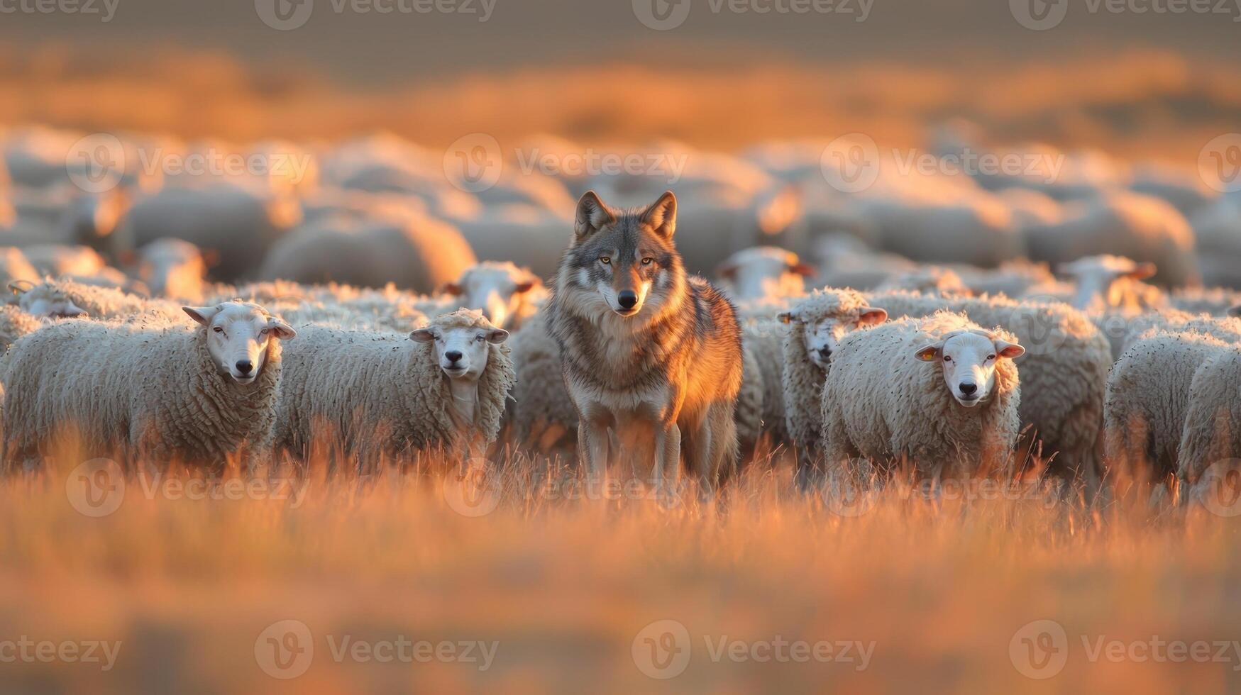 Wolf and sheep in the field photo