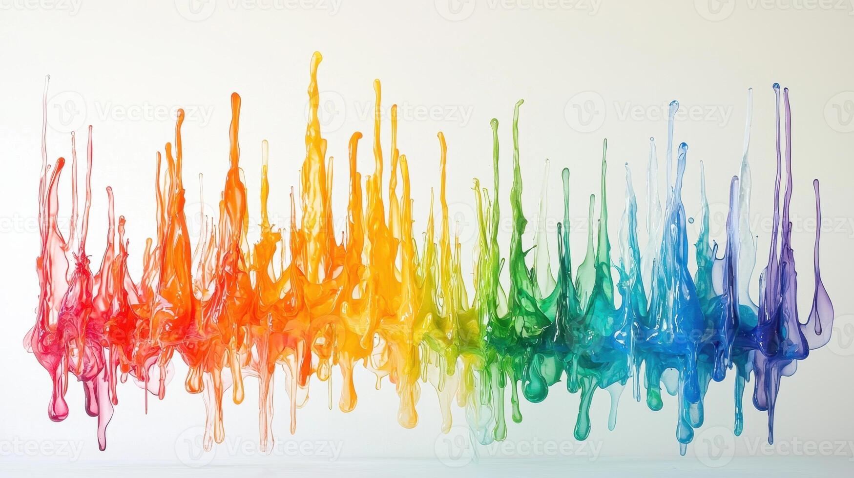 Bright and vivid drips of paint flow gracefully across a white background, creating an abstract representation of a rainbow spectrum with smooth transitions and dynamic shapes photo