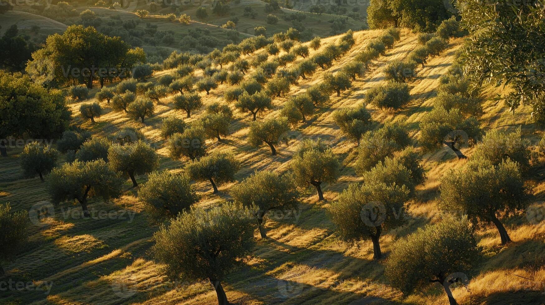 An olive grove with trees and grass photo