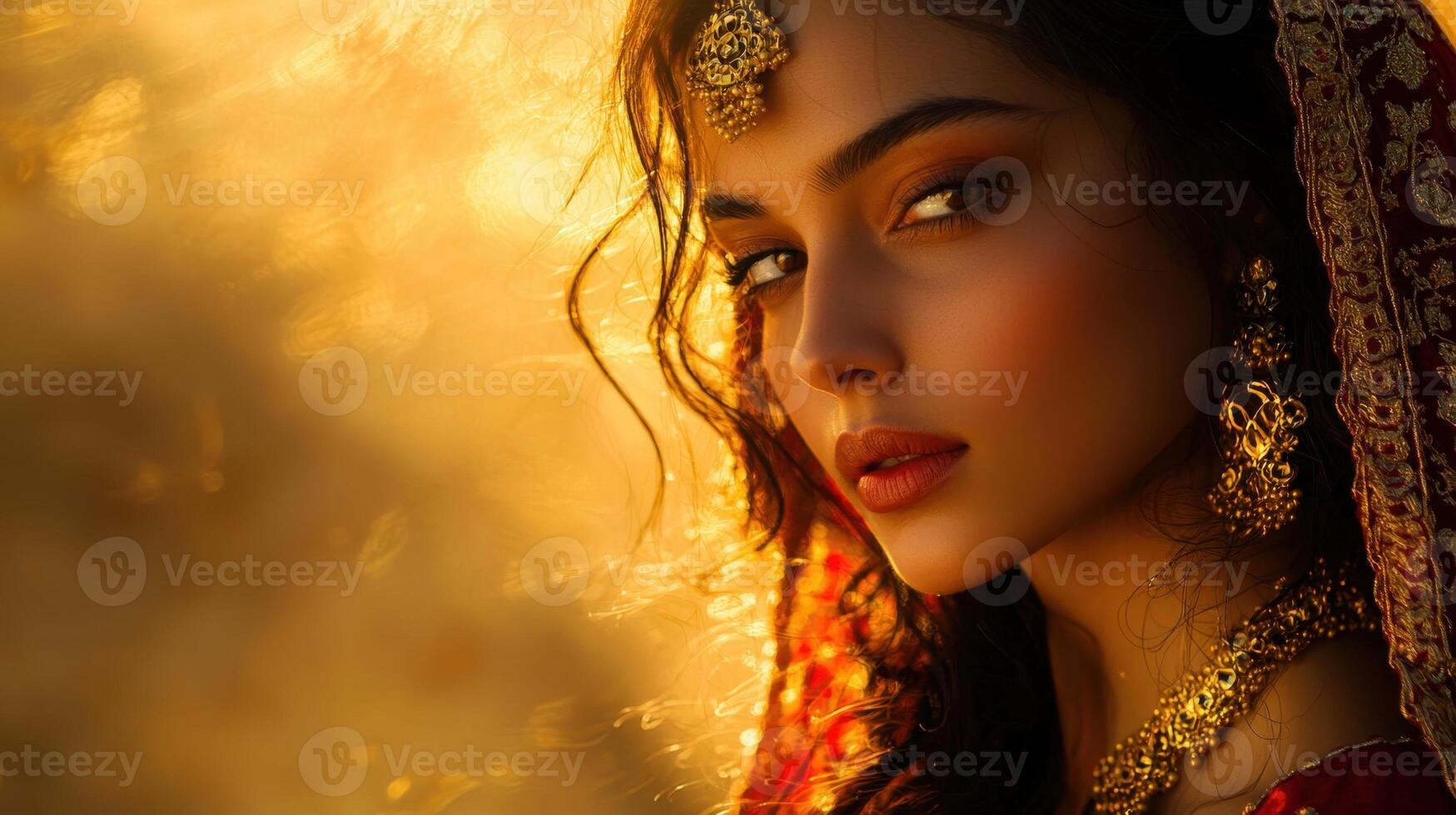 A woman with curly hair gazes intensely at the viewer, wearing ornate jewelry and a colorful traditional outfit. The warm light creates a striking atmosphere, enhancing her beauty photo